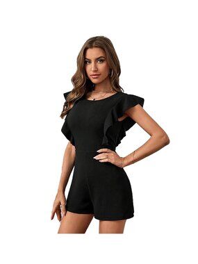 Miss Selfridge Romper Womens Size 2 Black Round Neck Flutter Cap Sleeve